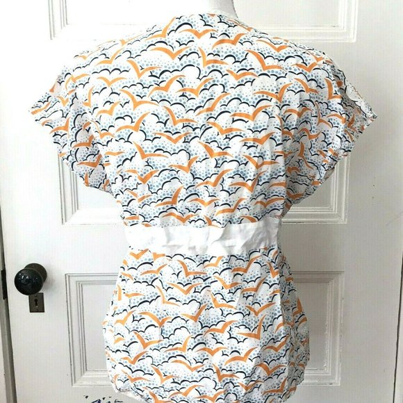 Eley Kishimoto Blue Orange White Bird Print Top Cotton Drawstring Waist - Picture 3 of 4